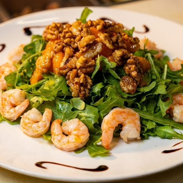 A vibrant salad with arugula, walnuts, shrimp, and a balsamic glaze on a white plate.
