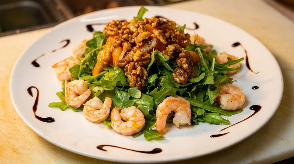 A vibrant salad with arugula, walnuts, shrimp, and a balsamic glaze on a white plate.