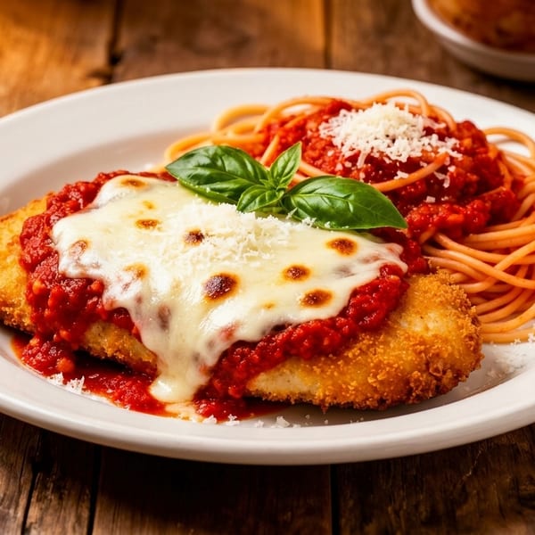 Chicken parmesan with melted mozzarella, marinara sauce, fresh basil, and a side of spaghetti.
