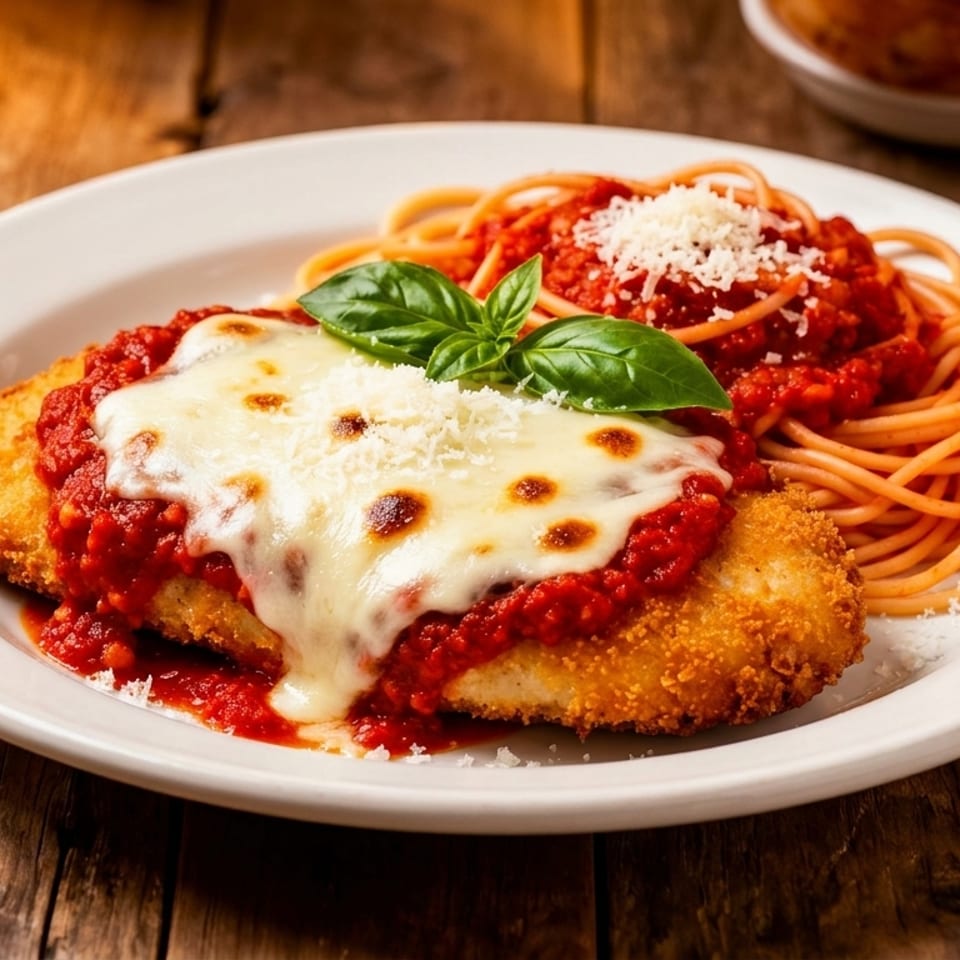 Chicken parmesan with melted mozzarella, marinara sauce, fresh basil, and a side of spaghetti.