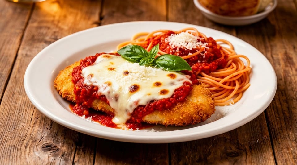 Chicken parmesan with melted mozzarella, marinara sauce, fresh basil, and a side of spaghetti.