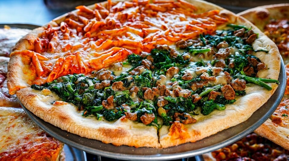 A pizza with two distinct halves: one with penne pasta and red sauce, the other with sausage and broccoli rabe.