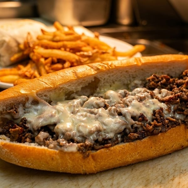 Cheesesteak sandwich with melted cheese and ground meat, served with fries and a wrap in the background.