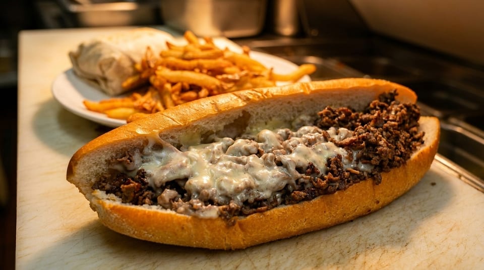 Cheesesteak sandwich with melted cheese and ground meat, served with fries and a wrap in the background.