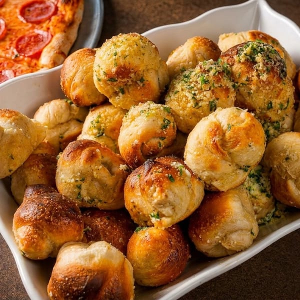 A white dish filled with golden-brown garlic knots, some with herbs, next to a pepperoni pizza.