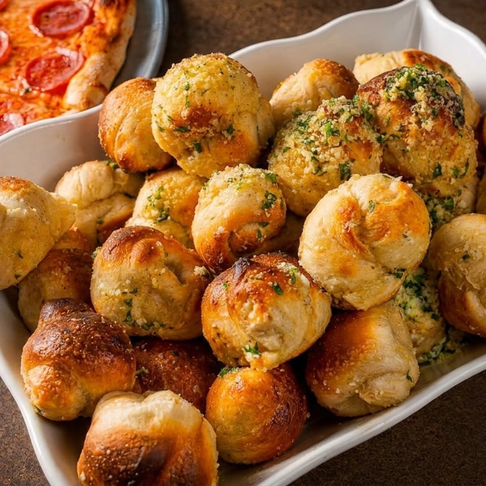 A white dish filled with golden-brown garlic knots, some with herbs, next to a pepperoni pizza.