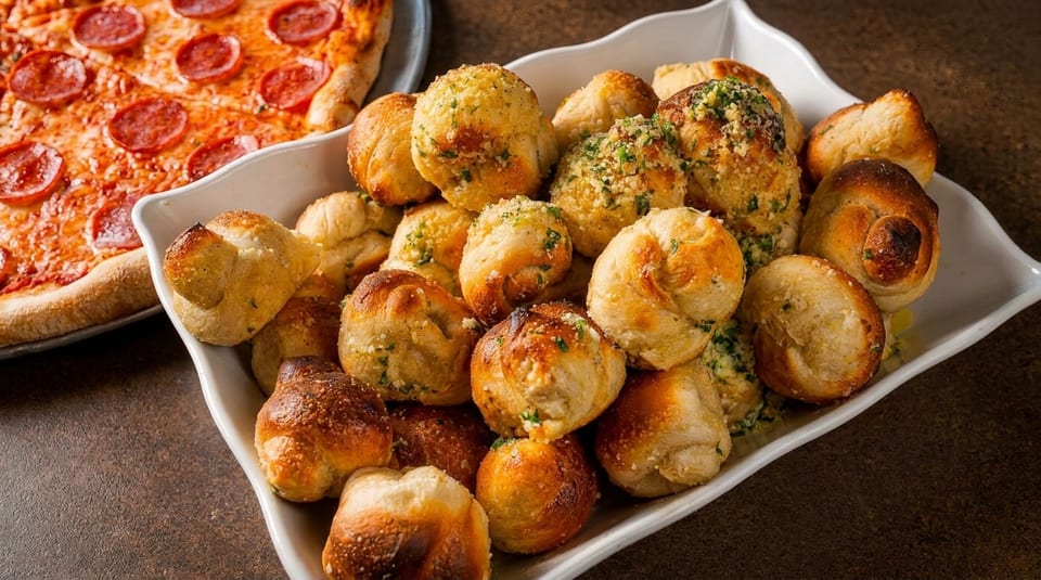 A white dish filled with golden-brown garlic knots, some with herbs, next to a pepperoni pizza.